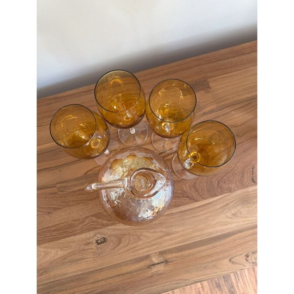 Amber | Gold Vintage Bubble  Decanter and 4 Hand Blown Wine Glasses - Picture 4 of 4